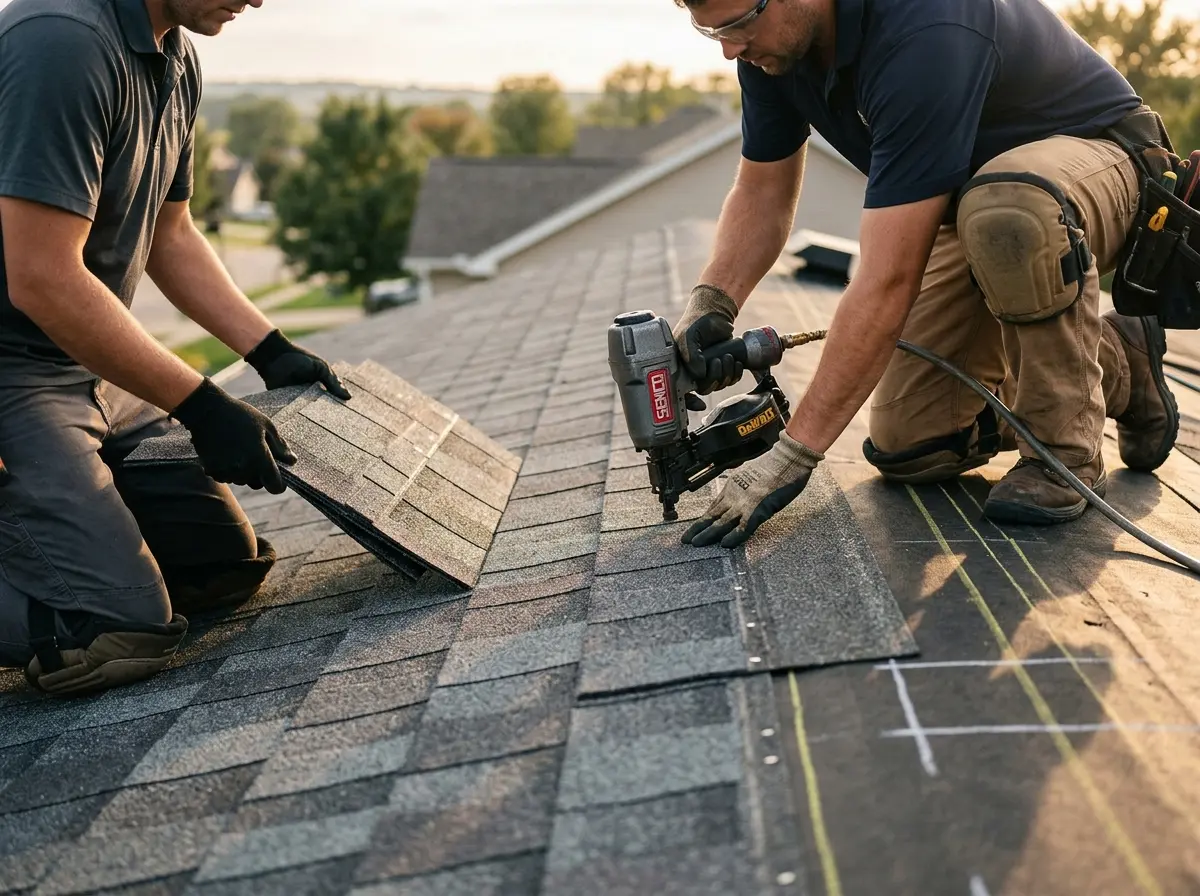 Professional roofer working on a residential roof in North Salem